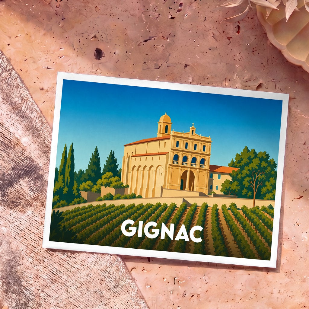 Carte postale souvenir de la ville de Gignac représentant son église et ses vignobles avec une illustration stylisée.