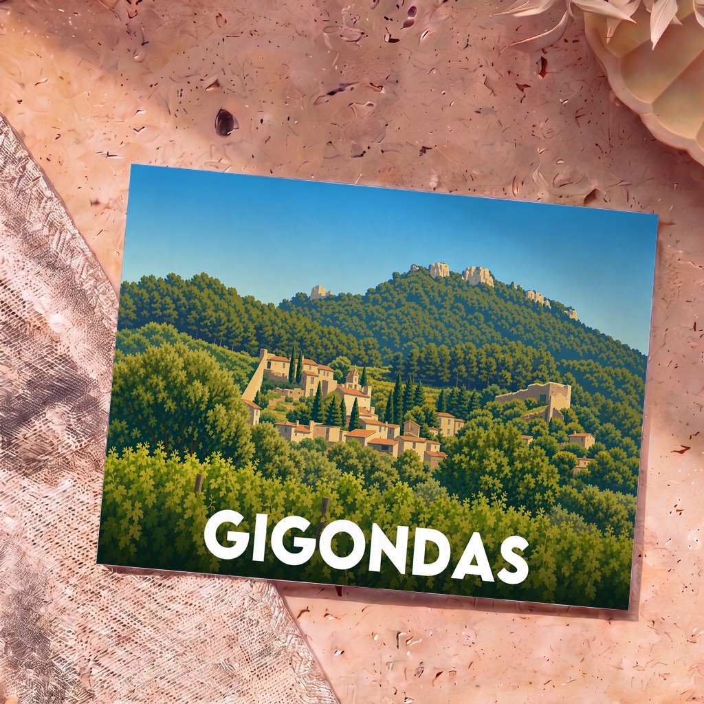 Carte postale souvenir de la ville de Gigondas avec une illustration stylisée d'un village provençal niché dans une colline boisée.