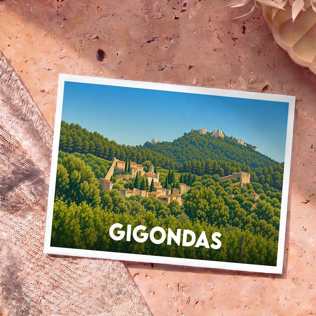 Carte postale souvenir de la ville de Gigondas avec une illustration stylisée d'un village provençal niché dans une colline boisée.