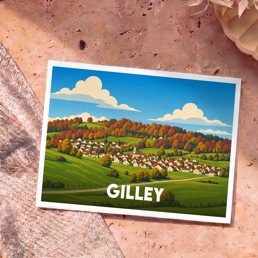 Carte postale souvenir de la ville de Gilley avec une illustration stylisée de son paysage vallonné.