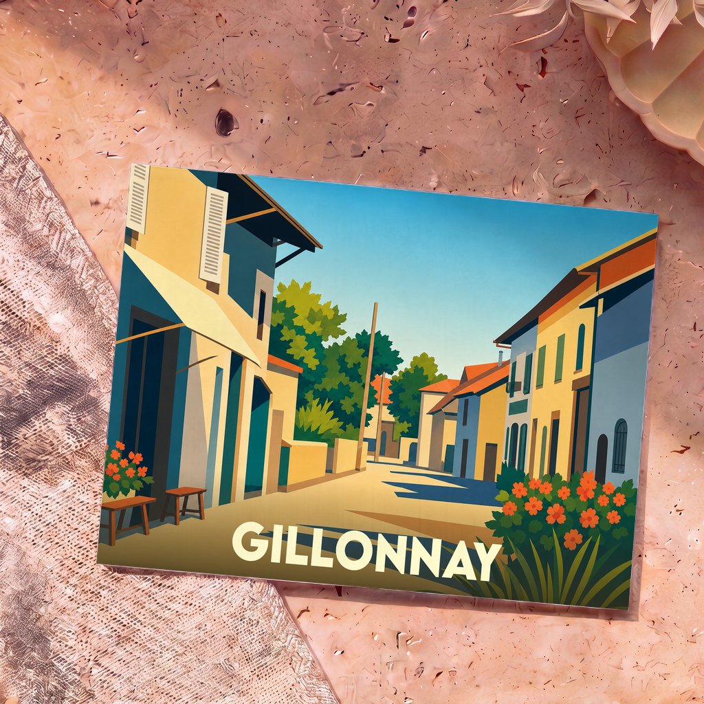 Carte postale souvenir de la ville de Gillonnay illustrée d'une scène de rue aux couleurs estivales et au style graphique épuré.