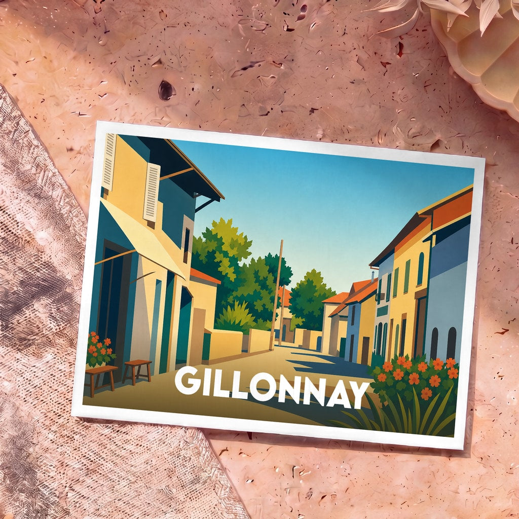 Carte postale souvenir de la ville de Gillonnay illustrée d'une scène de rue aux couleurs estivales et au style graphique épuré.