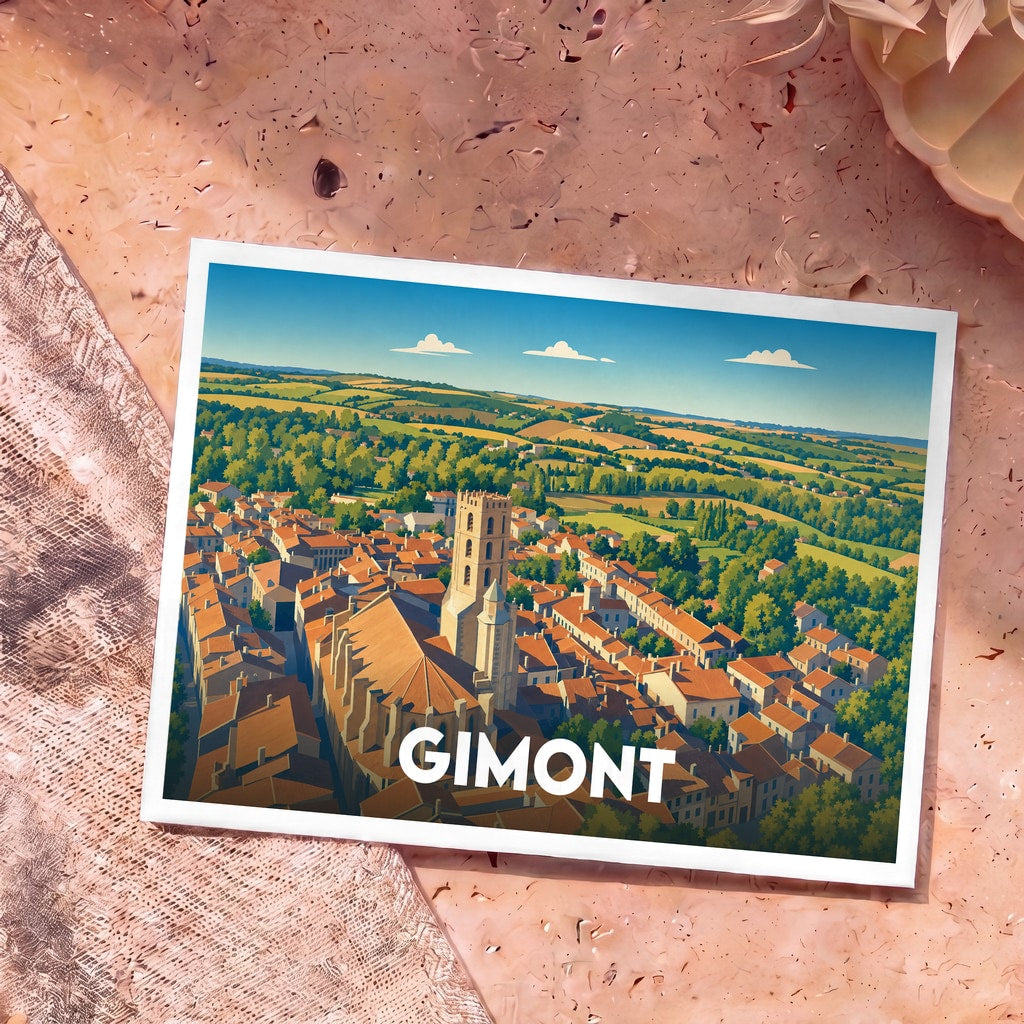 Carte postale souvenir de la ville de Gimont avec une illustration stylisée montrant l'église et les paysages vallonnés du Gers.