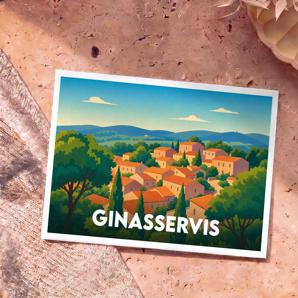 Carte postale souvenir de la ville de Ginasservis avec une illustration stylisée d'un village provençal.