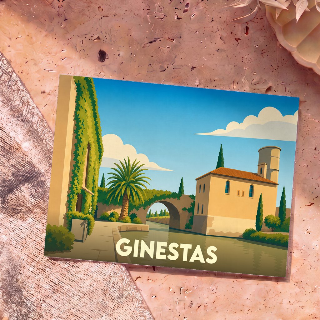 Carte postale souvenir de la ville de Ginestas avec une illustration stylisée d'un canal et de bâtiments ensoleillés.