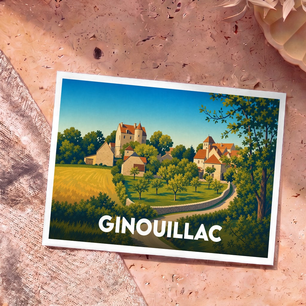 Carte postale souvenir de la ville de Ginouillac avec une illustration stylisée d'un village pittoresque.