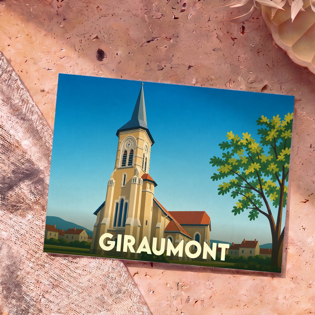 Carte postale souvenir de la ville de Giraumont présentant une illustration stylisée de son église.