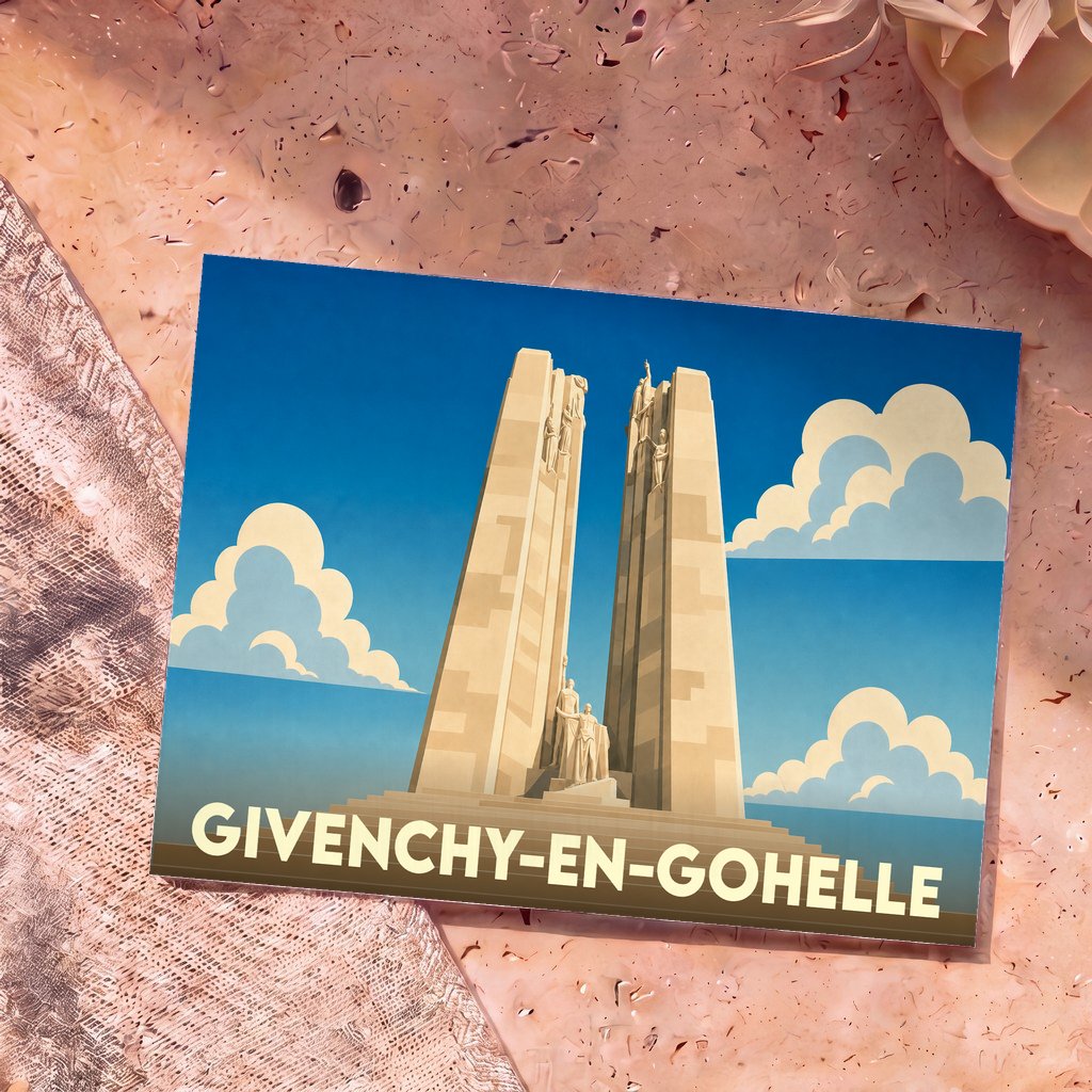 Carte postale souvenir de la ville de Givenchy-en-Gohelle illustrant le mémorial de Vimy dans un style rétro.
