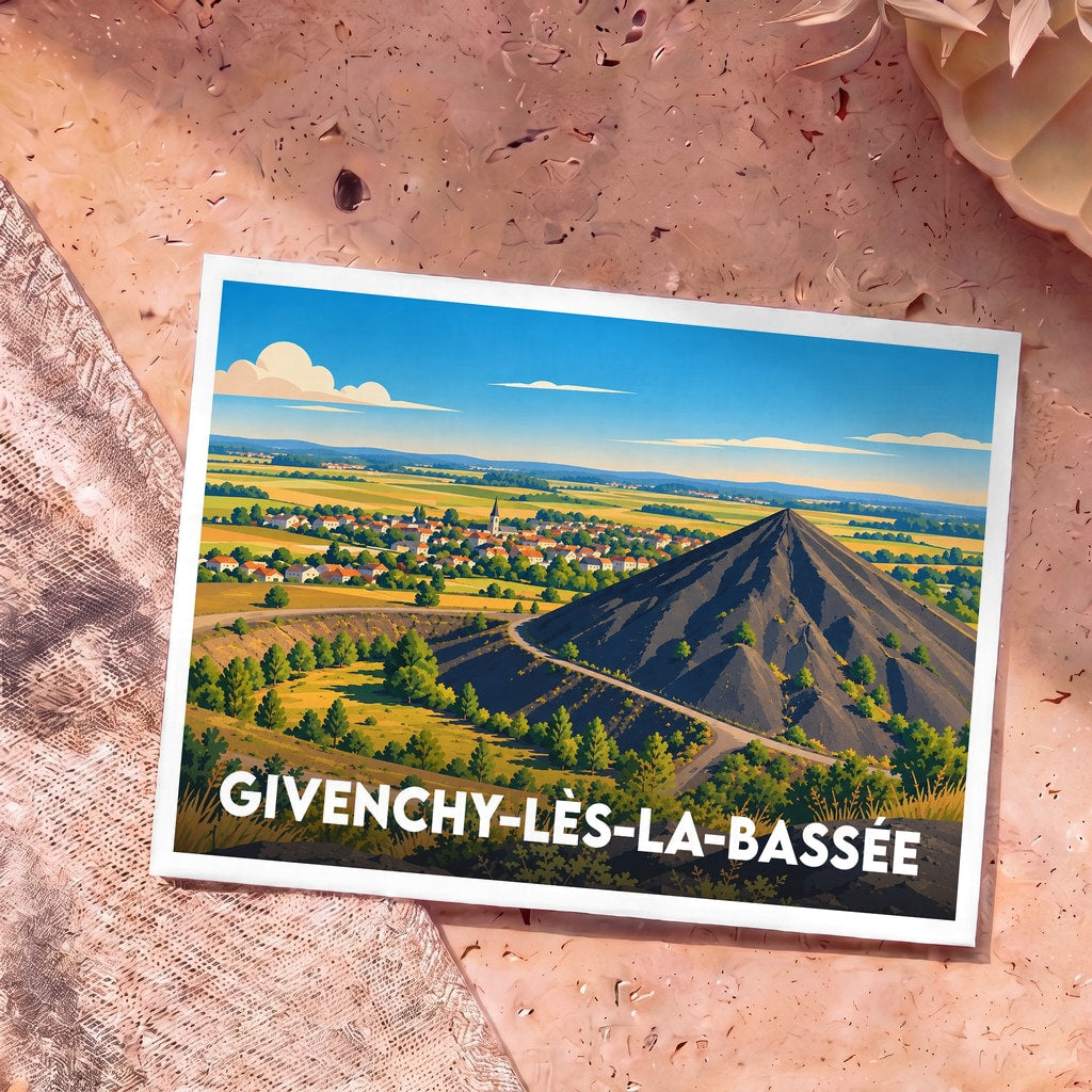 Carte postale souvenir de Givenchy-lès-la-Bassée illustrant un terril et le village dans un style graphique épuré.