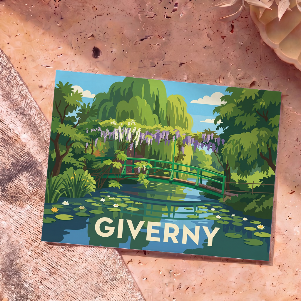Carte postale souvenir de la ville de Giverny illustrant le célèbre pont japonais et son bassin aux nymphéas.