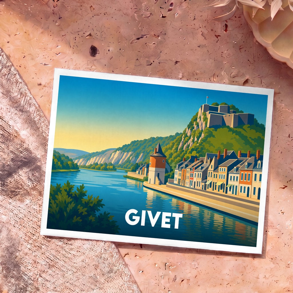 Carte postale souvenir de la ville de Givet présentant une illustration stylisée des quais de la Meuse et de la citadelle.