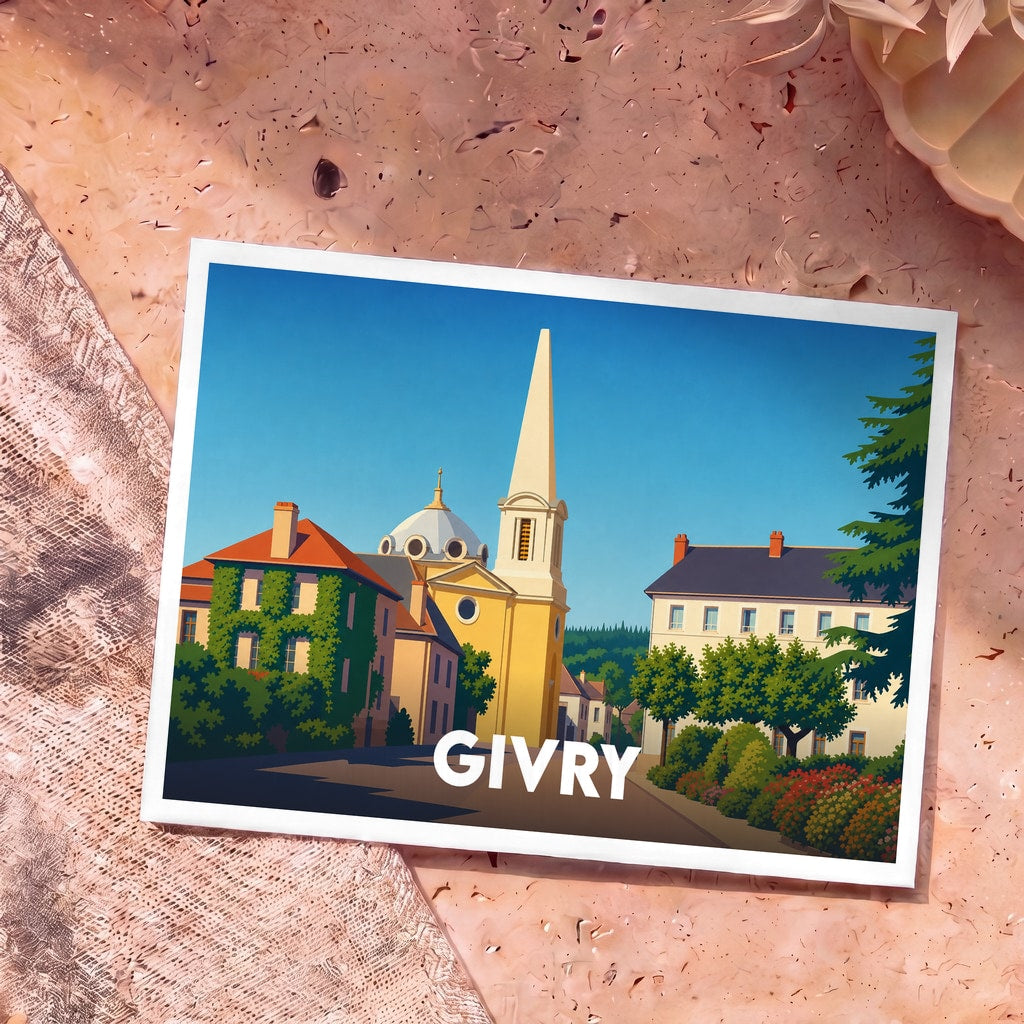 Carte postale souvenir de la ville de Givry avec une illustration stylisée et colorée de son architecture.