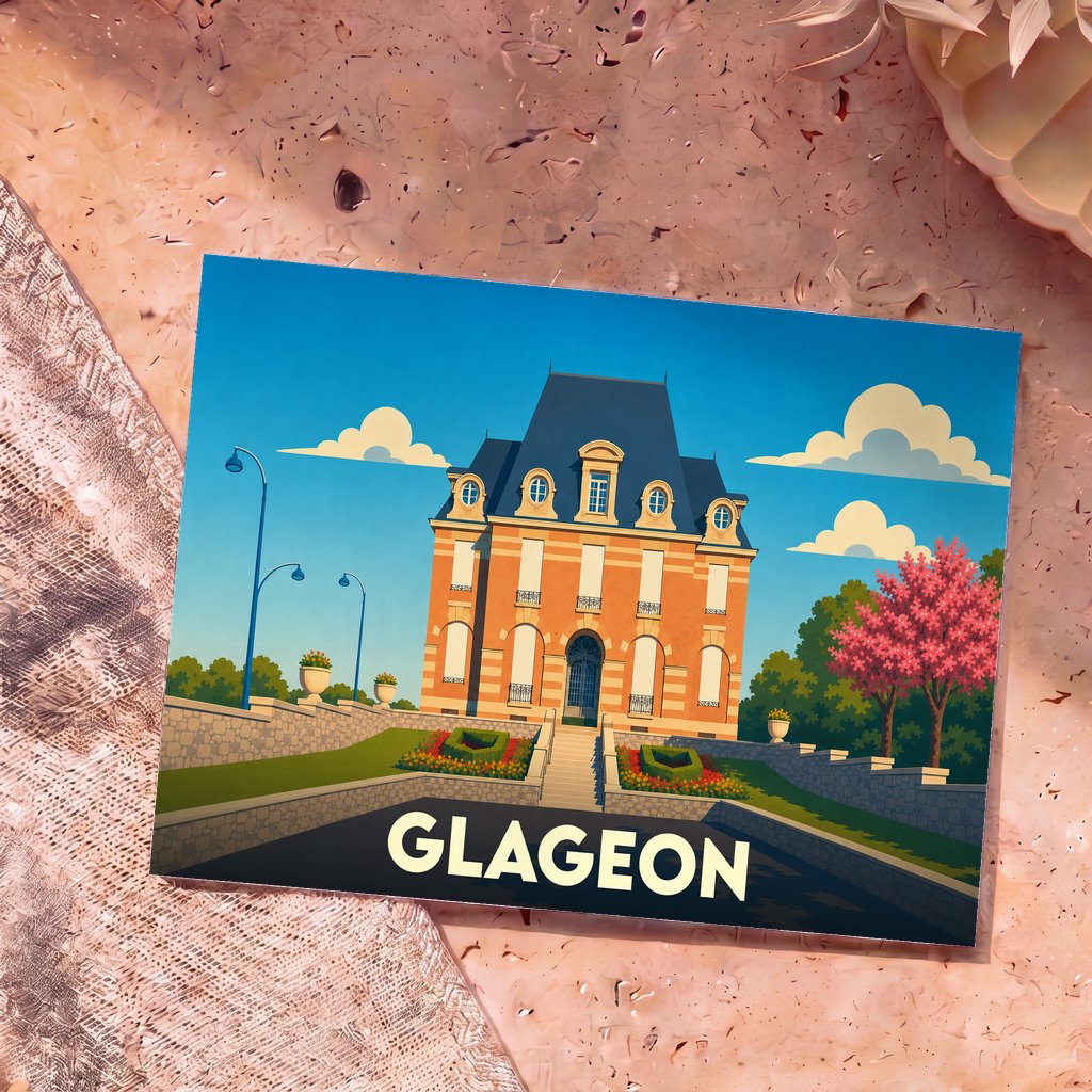 Carte postale souvenir de la ville de Glageon illustrant un manoir élégant dans un style graphique épuré.