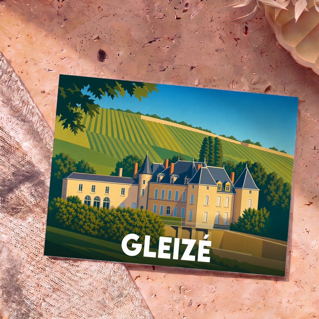 Carte postale souvenir de la ville de Gleizé avec une illustration stylisée d'un château au cœur du vignoble.