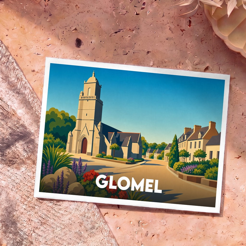 Carte postale souvenir de la ville de Glomel présentant une illustration stylisée de son église et de ses maisons fleuries.
