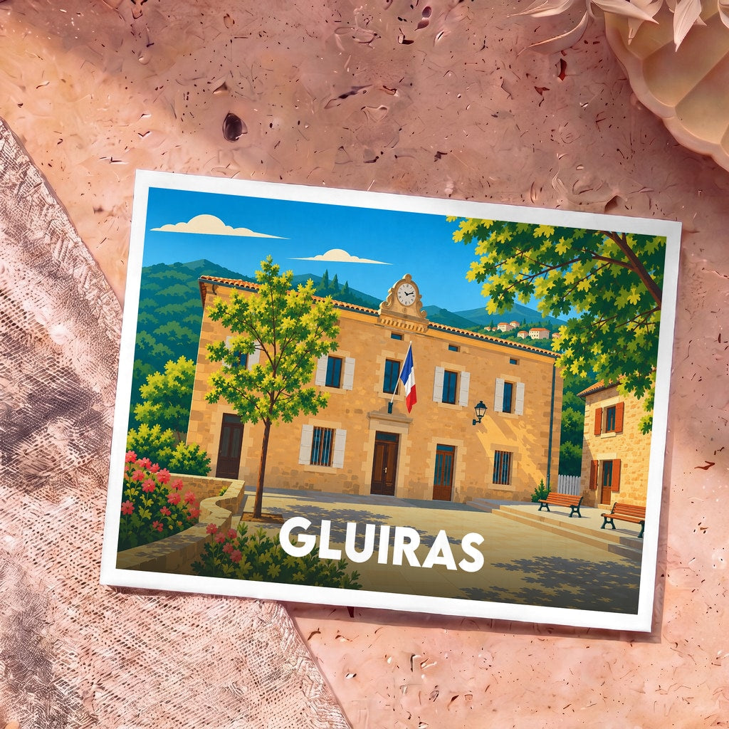 Carte postale souvenir de la ville de Gluiras avec une illustration stylisée de sa mairie.