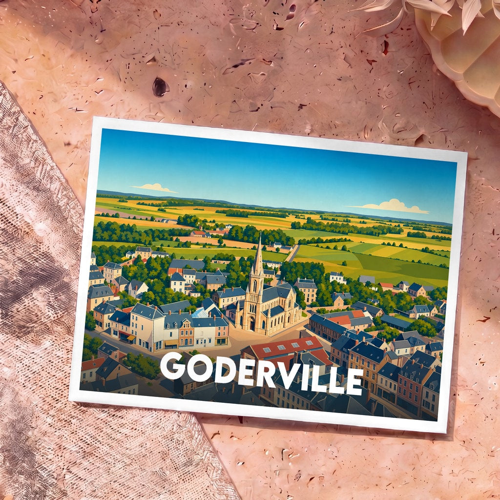 Carte postale souvenir de la ville de Goderville présentant une illustration stylisée et colorée du village vu du ciel.