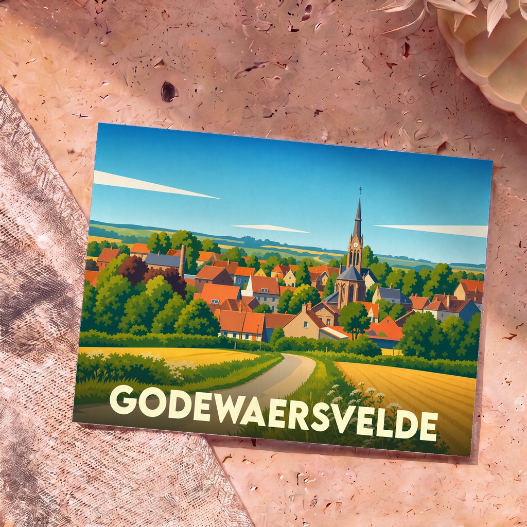 Carte postale souvenir de la ville de Godewaersvelde avec une illustration stylisée de son église et de ses paysages vallonnés.