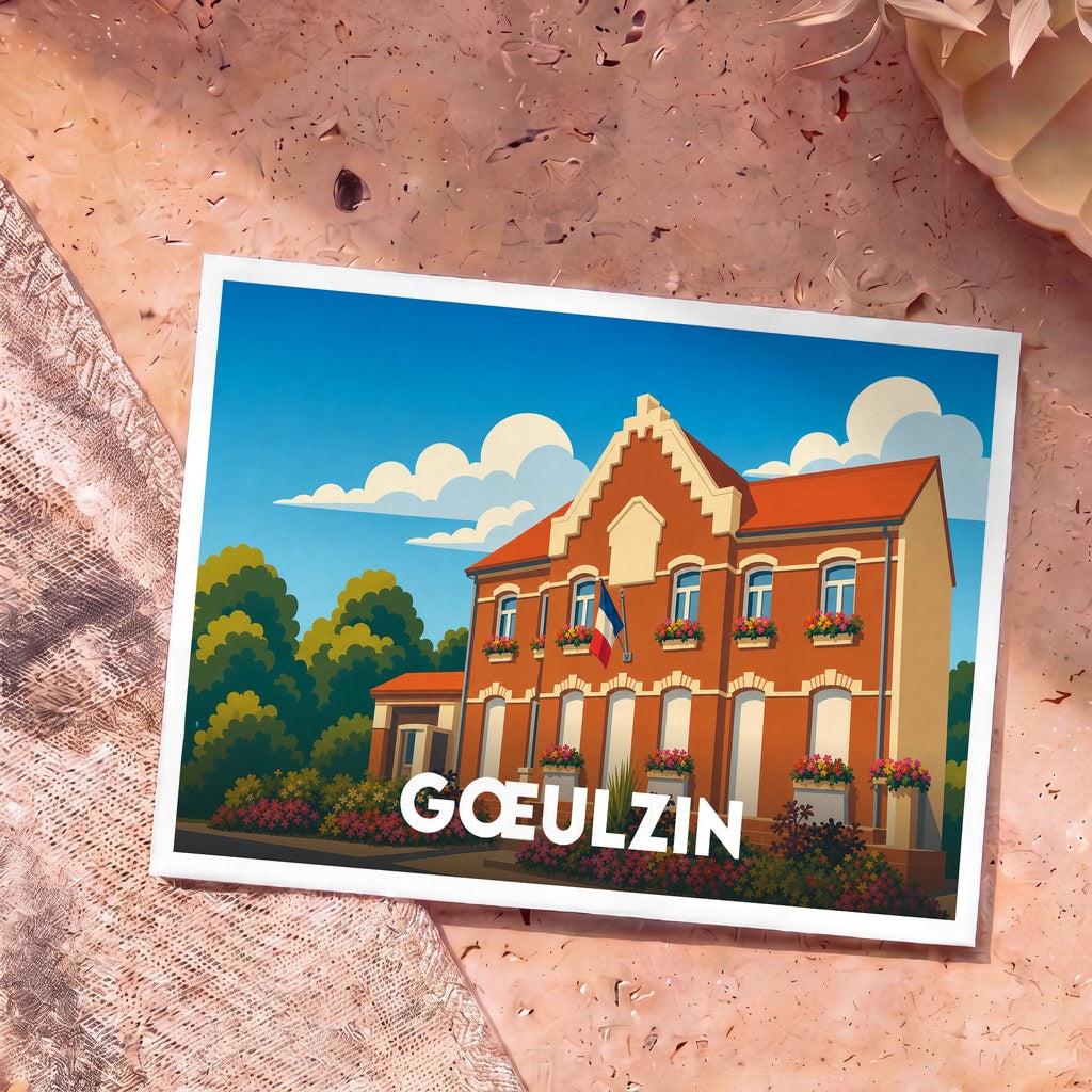 Carte postale souvenir de la ville de Gœulzin illustrant sa mairie dans un style graphique épuré.