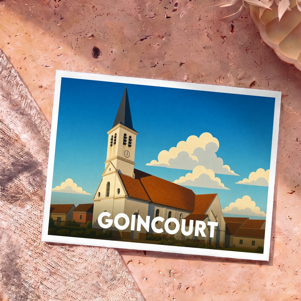 Carte postale souvenir de la ville de Goincourt avec une illustration stylisée de son église.