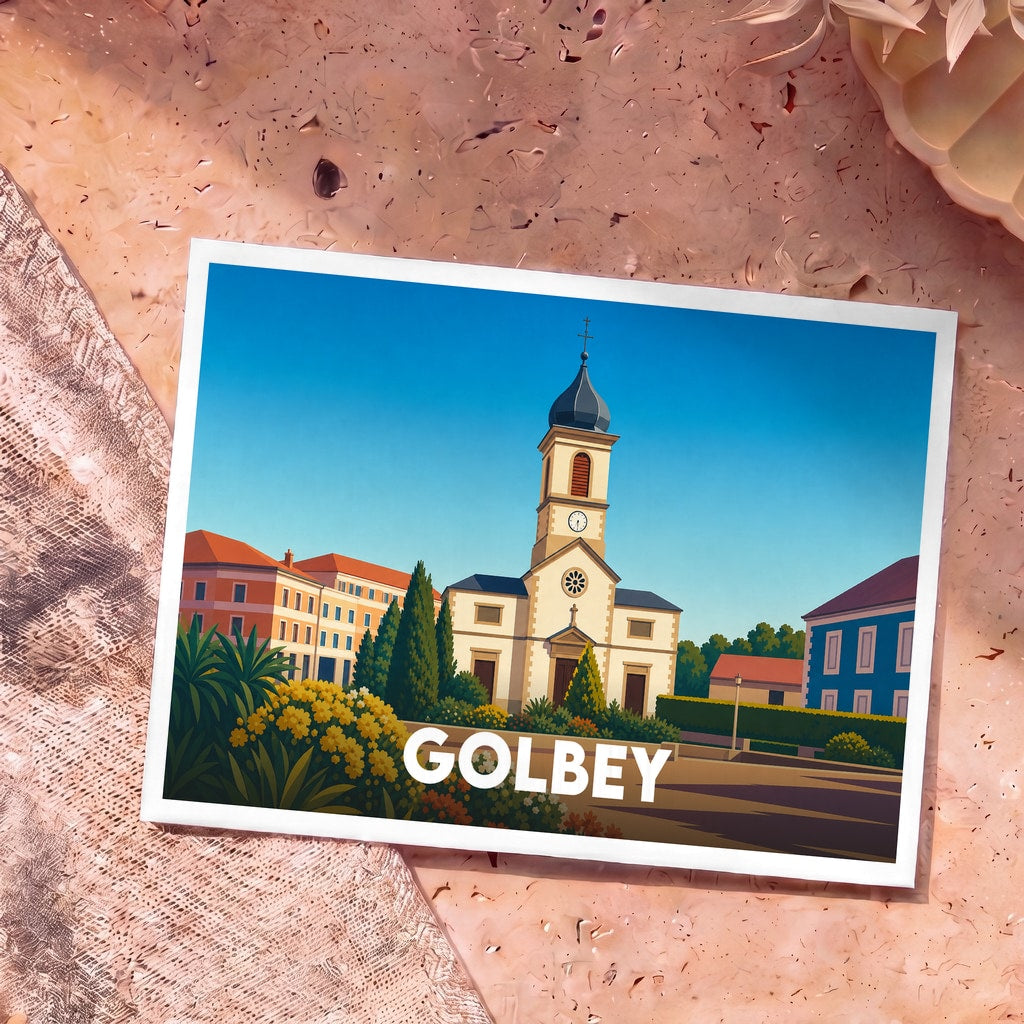 Carte postale souvenir de la ville de Golbey avec une illustration stylisée de son église et de ses bâtiments colorés.