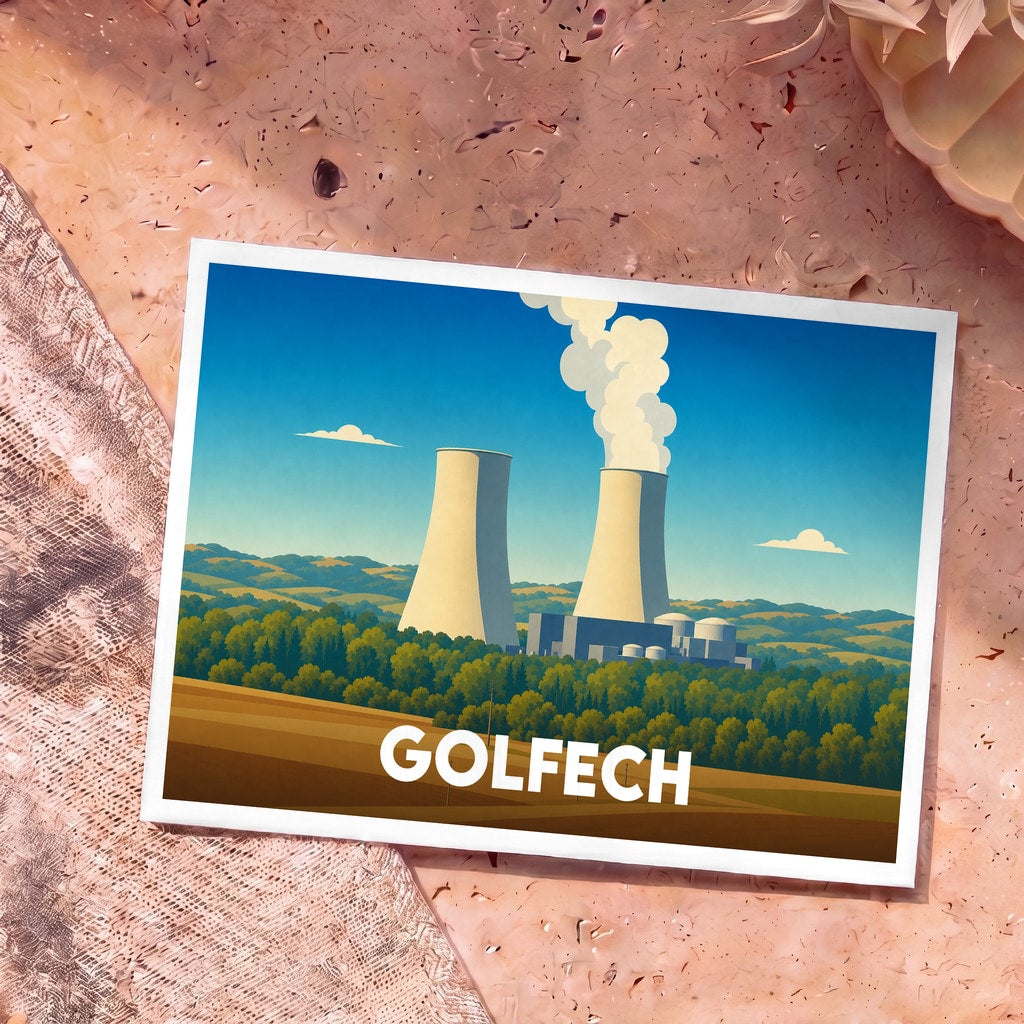 Carte postale souvenir de la ville de Golfech avec une illustration stylisée de sa centrale nucléaire.