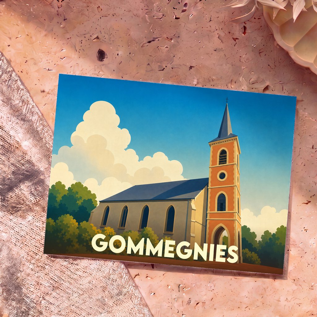 Carte postale souvenir de la ville de Gommegnies illustrant son église dans un style graphique épuré.