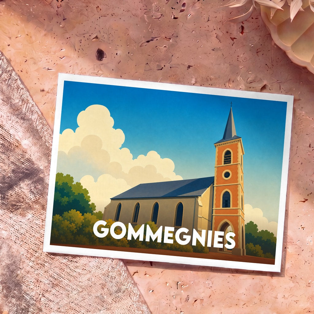 Carte postale souvenir de la ville de Gommegnies illustrant son église dans un style graphique épuré.