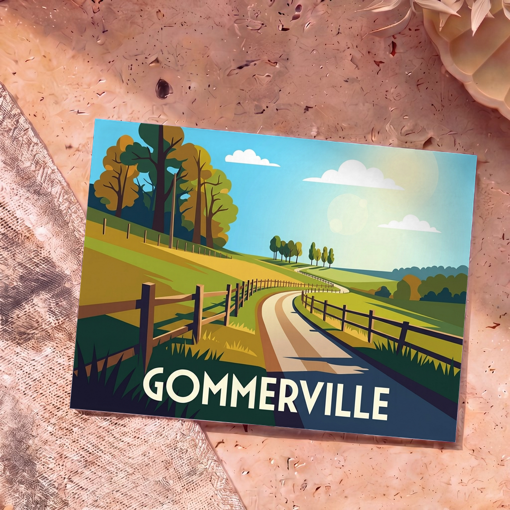 Carte postale souvenir de la ville de Gommerville avec une illustration stylisée d'un paysage de campagne.