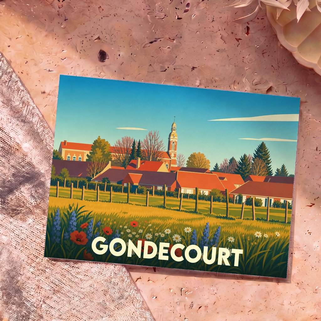 Carte postale souvenir de la ville de Gondecourt avec une illustration stylisée et colorée.