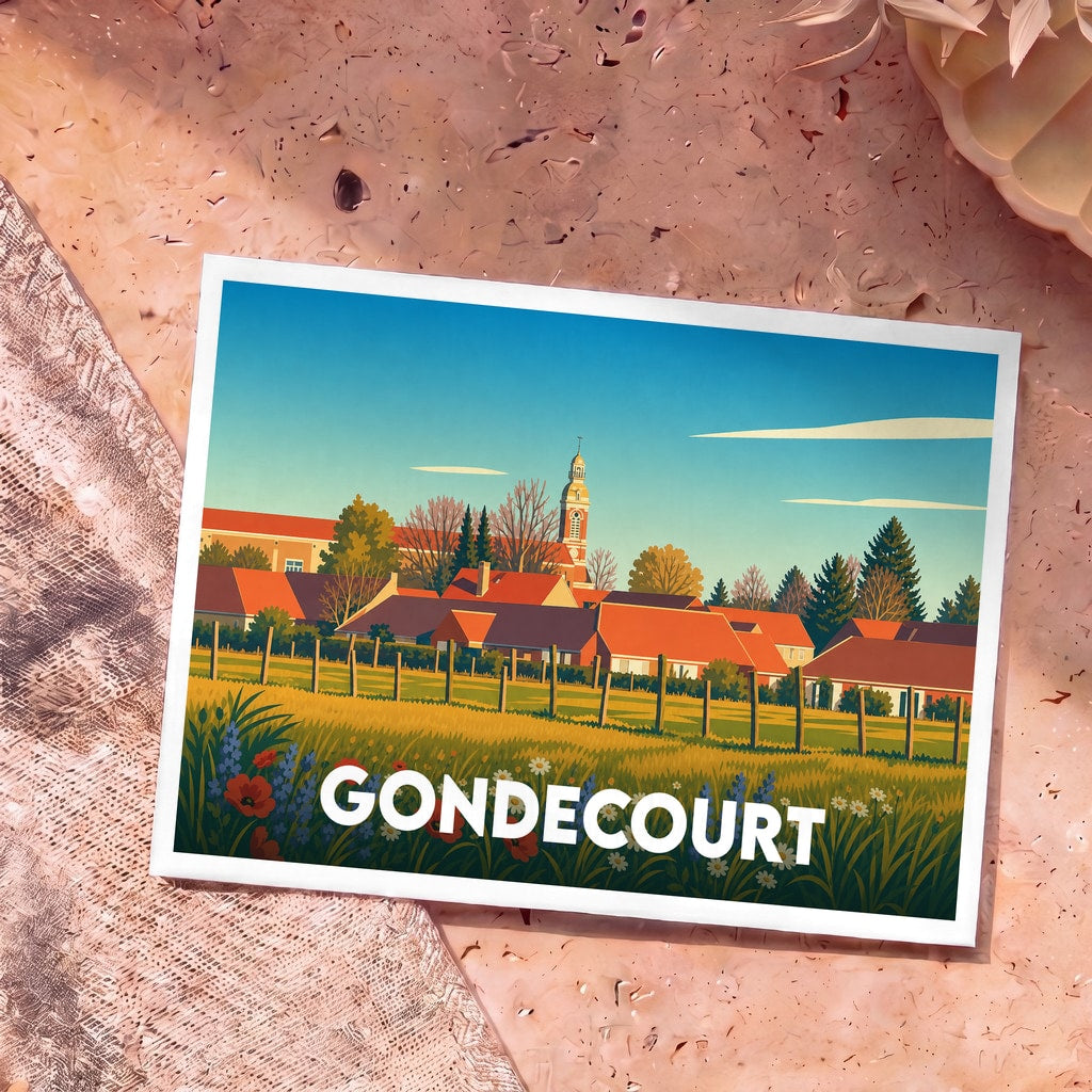Carte postale souvenir de la ville de Gondecourt avec une illustration stylisée et colorée.