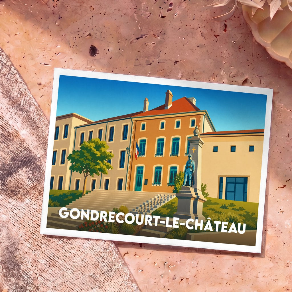 Carte postale souvenir de la ville de Gondrecourt-le-Château avec une illustration stylisée de son architecture et de son monument aux morts.