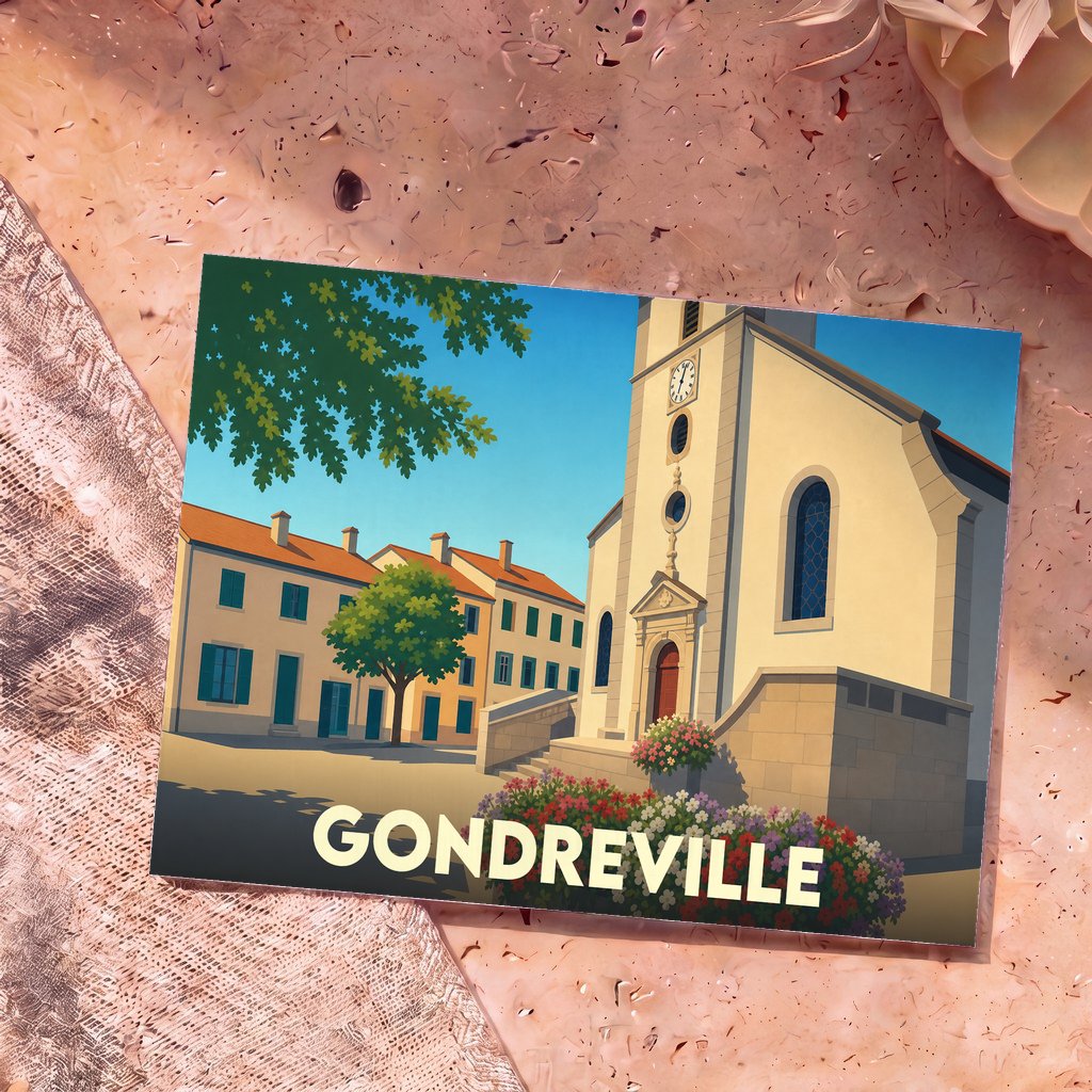 Carte postale souvenir de la ville de Gondreville avec une illustration stylisée montrant une église et des maisons colorées.