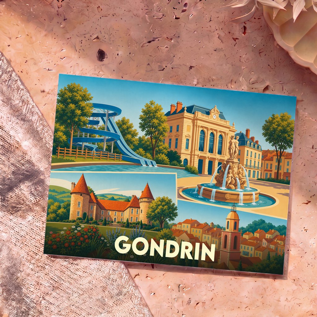 Carte postale souvenir de la ville de Gondrin illustrant ses lieux emblématiques dans un style coloré et rétro.
