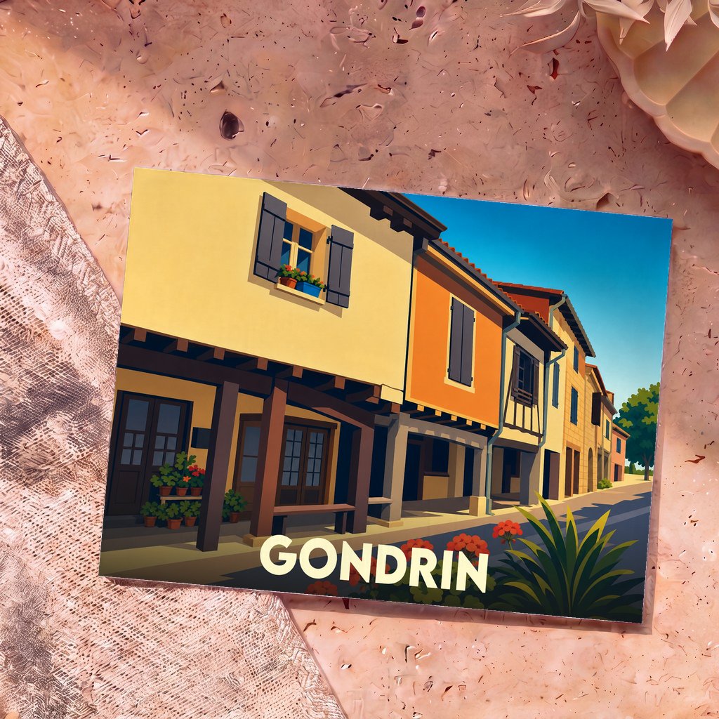 Carte postale souvenir de la ville de Gondrin avec une illustration stylisée de ses façades colorées et de ses arcades.