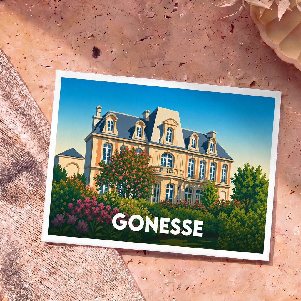 Carte postale souvenir de la ville de Gonesse illustrant une élégante demeure bourgeoise entourée de jardins fleuris.