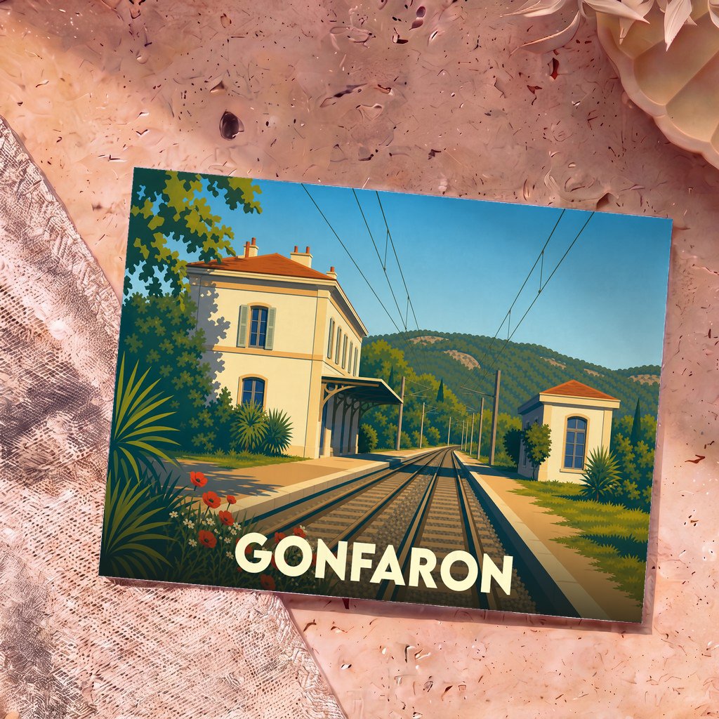 Carte postale souvenir de la ville de Gonfaron avec une illustration stylisée de sa gare ferroviaire.