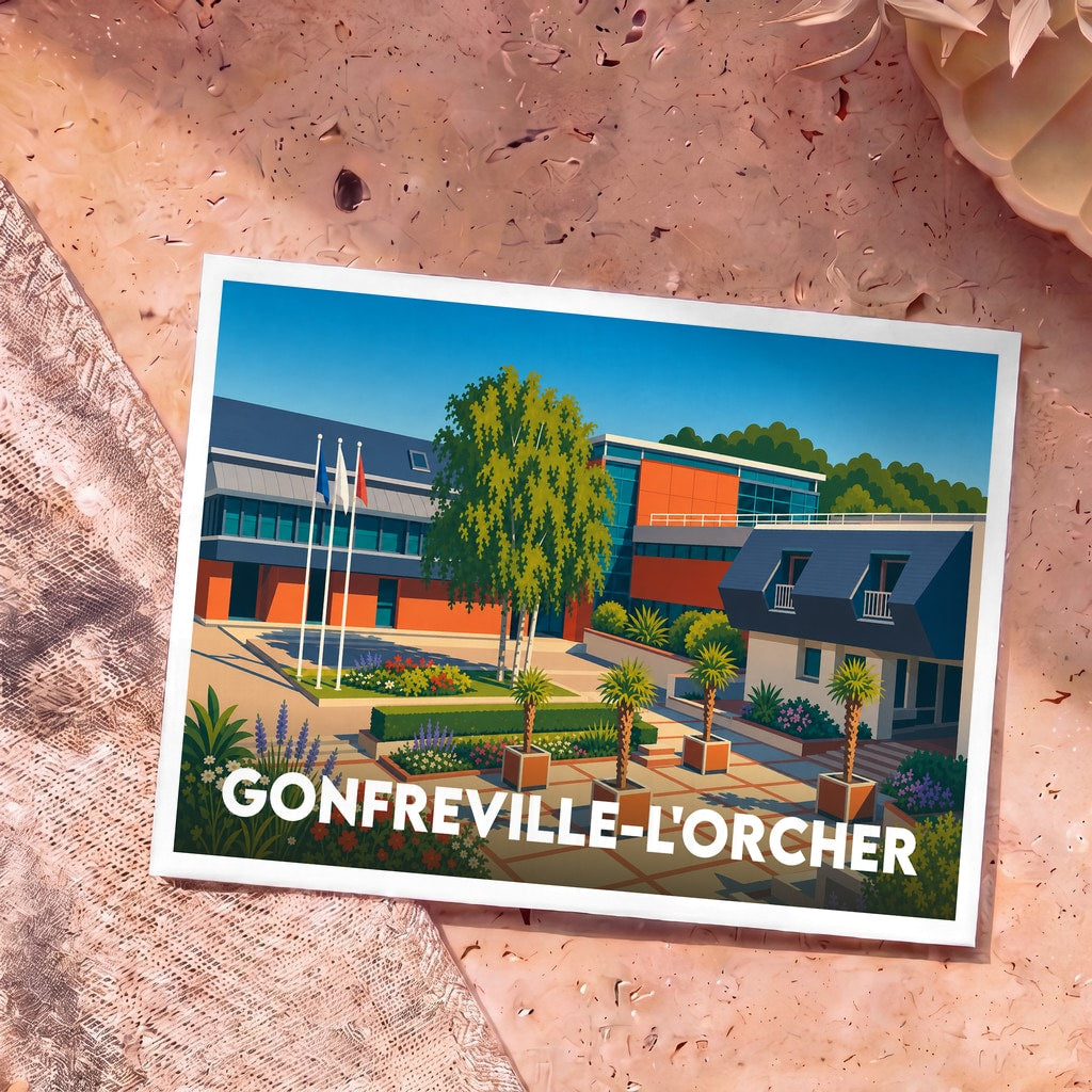 Carte postale souvenir de la ville de Gonfreville-l'Orcher avec une illustration colorée et stylisée de ses bâtiments et jardins.