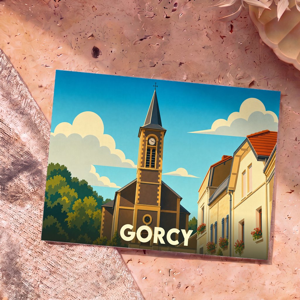 Carte postale souvenir de la ville de Gorcy avec une illustration stylisée de son église et de ses maisons.