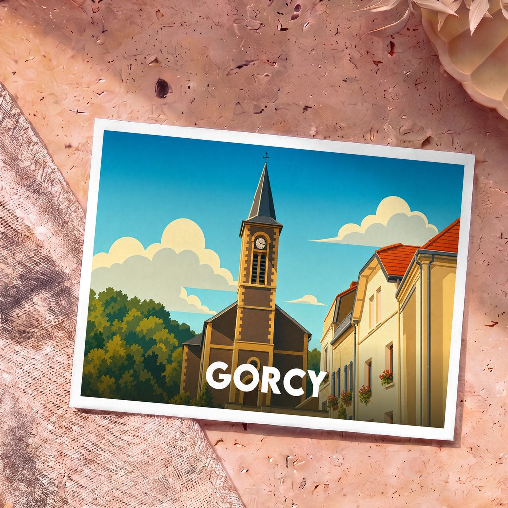 Carte postale souvenir de la ville de Gorcy avec une illustration stylisée de son église et de ses maisons.