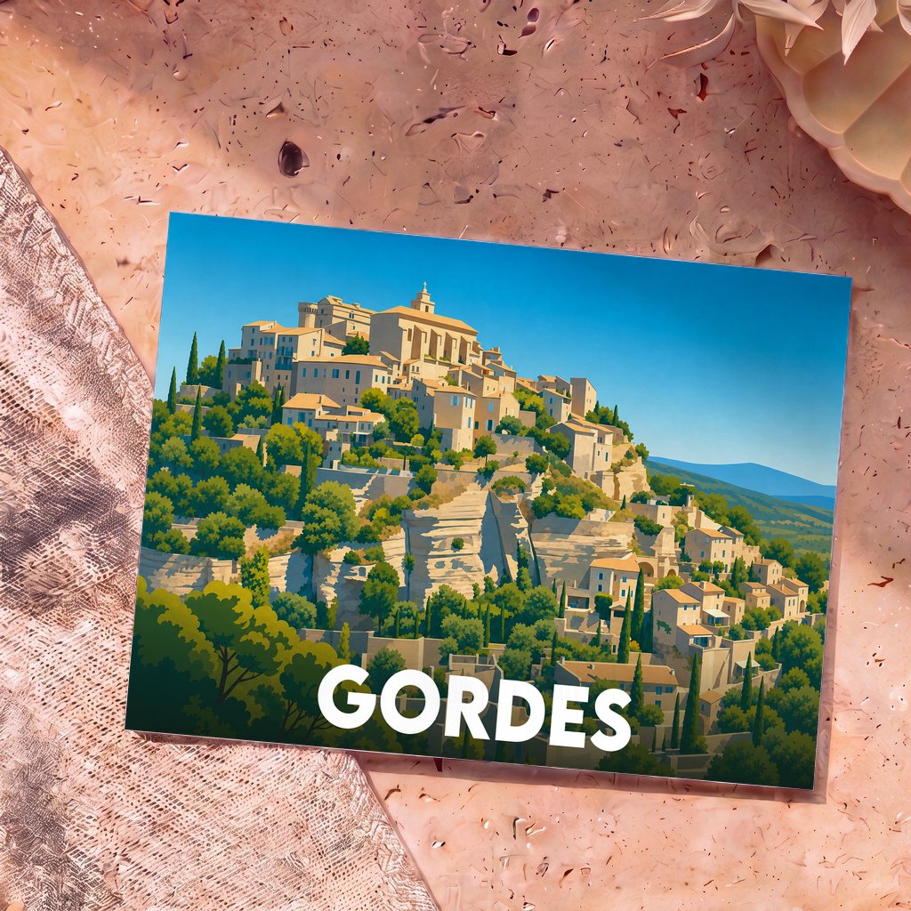 Carte postale souvenir de la ville de Gordes avec une illustration stylisée de son village perché.