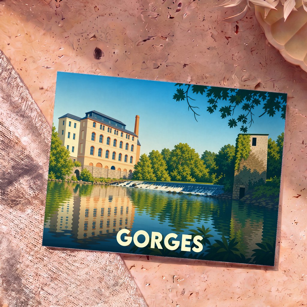 Carte postale souvenir de la ville de Gorges illustrant un moulin au bord de l'eau dans un style graphique épuré.