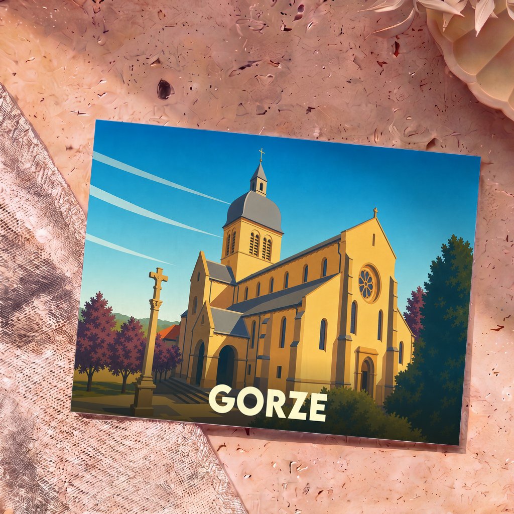 Carte postale souvenir de la ville de Gorze illustrant son église abbatiale dans un style graphique épuré.