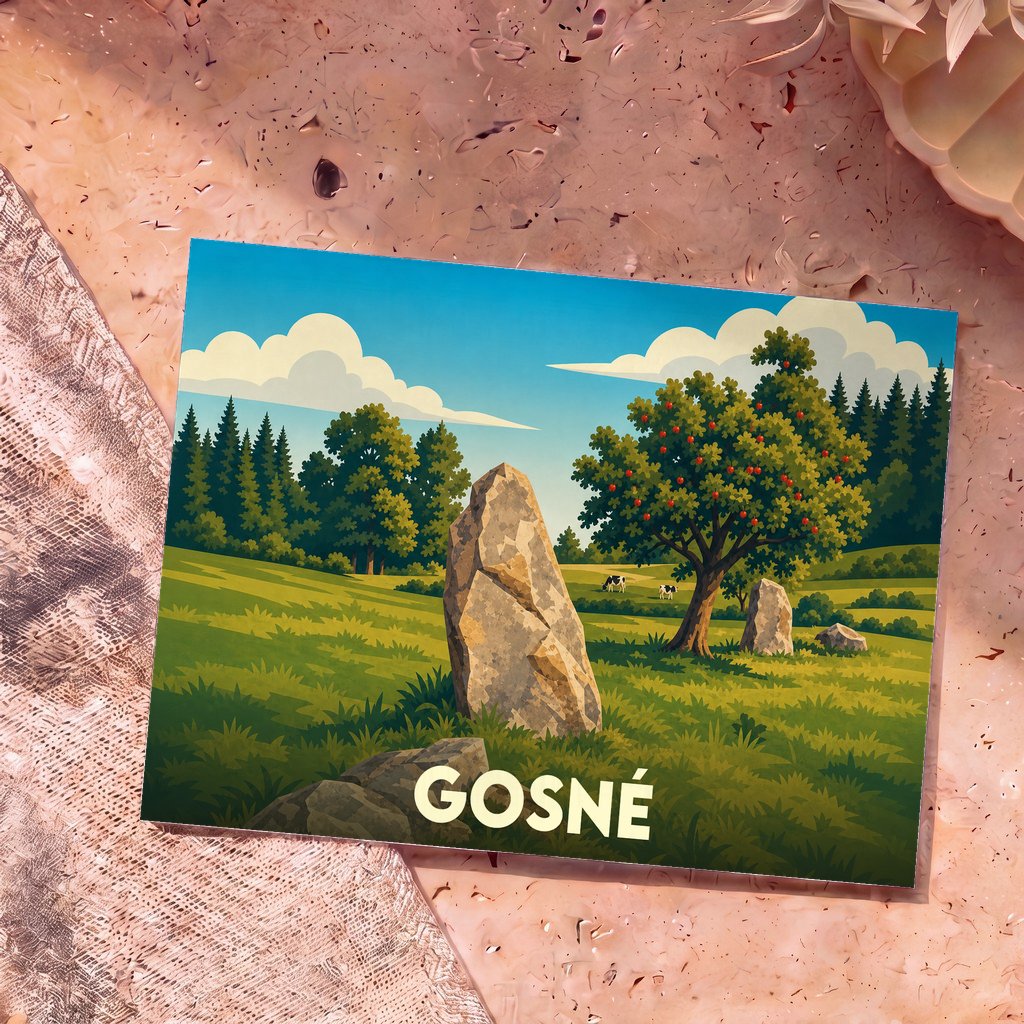 Carte postale souvenir de la ville de Gosné illustrant un paysage champêtre avec un menhir et un pommier.