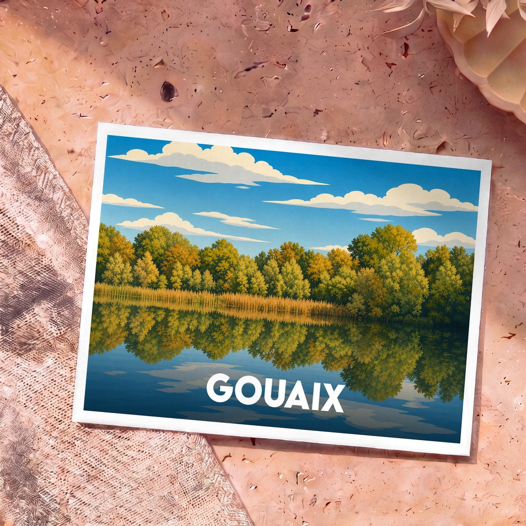Carte postale souvenir de la ville de Gouaix illustrant un paysage de lac et de forêt aux reflets miroir.
