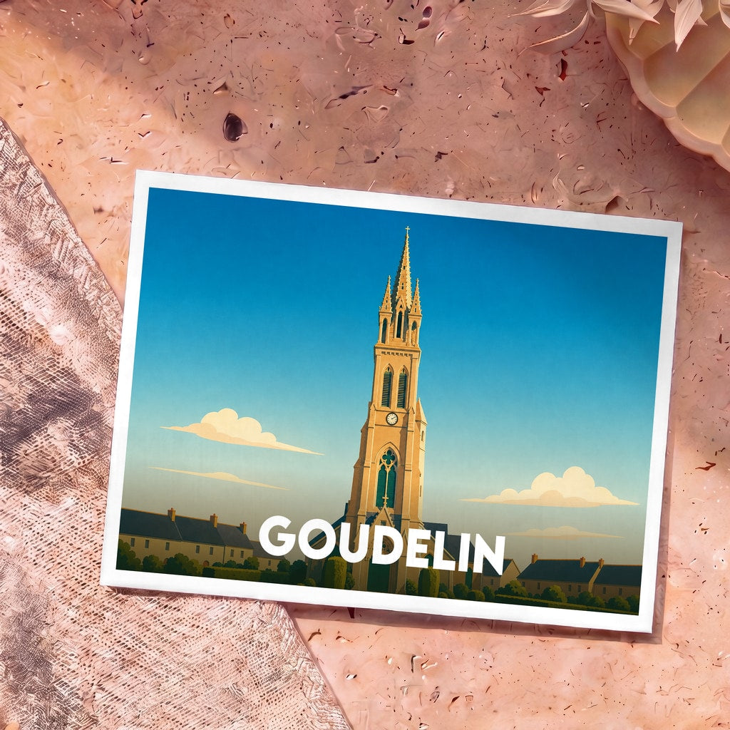 Carte postale souvenir de la ville de Goudelin avec une illustration stylisée de son église.