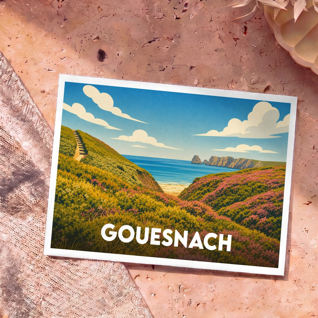 Carte postale souvenir de la ville de Gouesnach avec une illustration stylisée d'un paysage côtier fleuri.