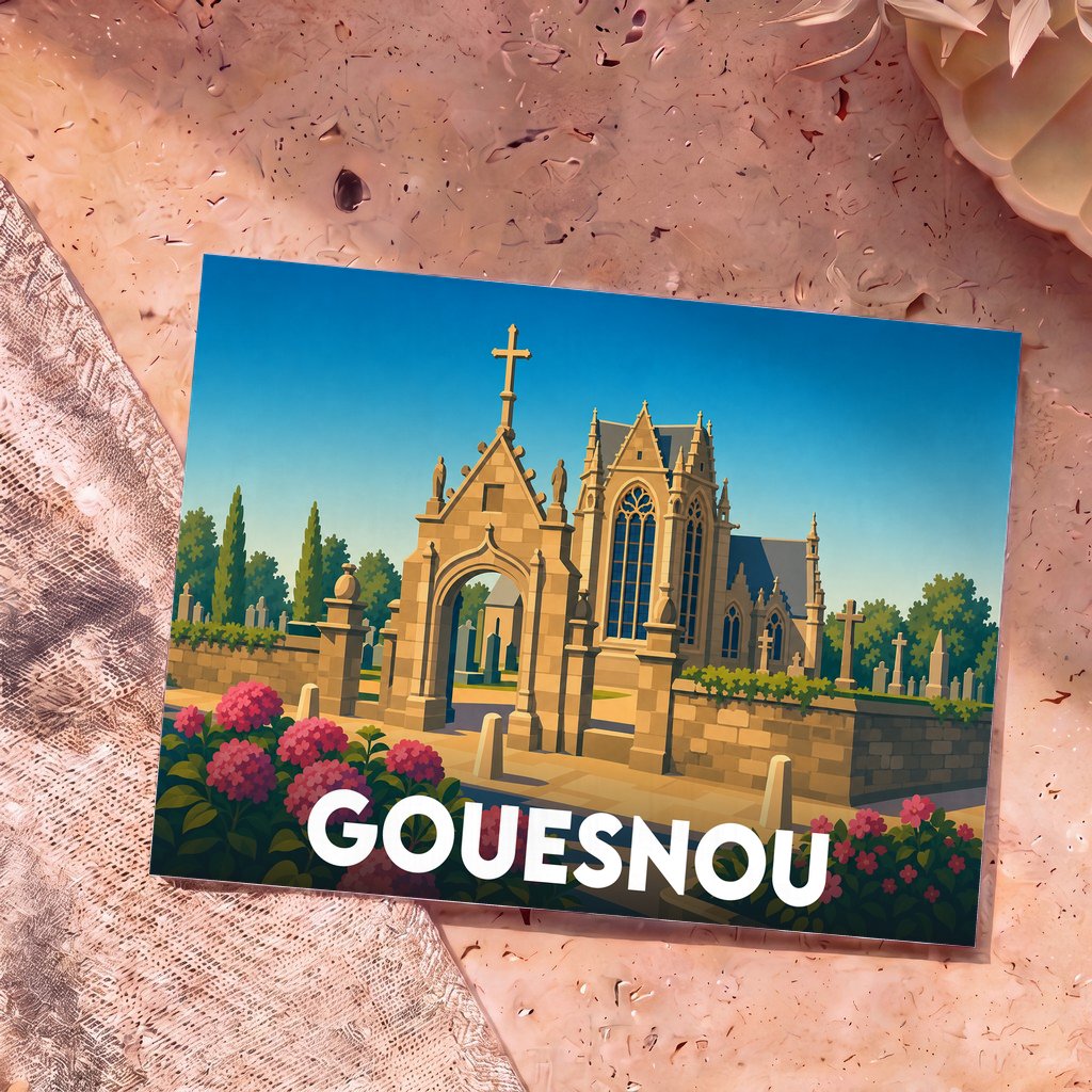 Carte postale souvenir de la ville de Gouesnou illustrant son église et son calvaire dans un style graphique épuré.