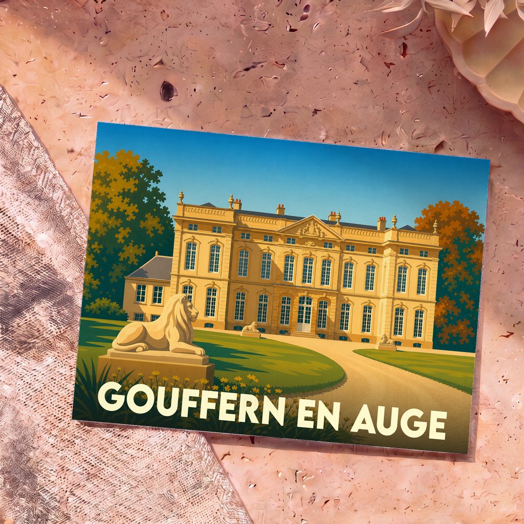 Carte postale souvenir de la commune de Gouffern en Auge illustrant un château majestueux avec une statue de lion au premier plan.