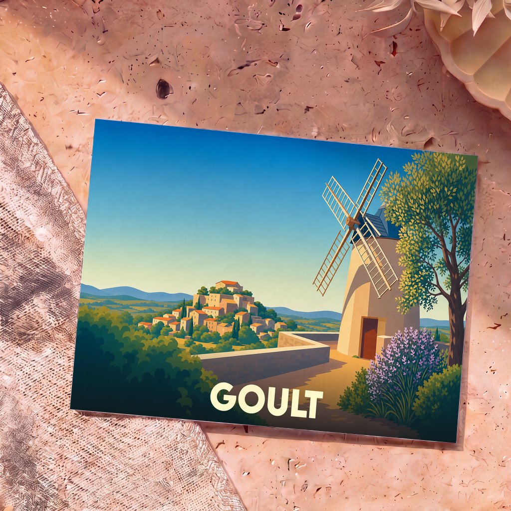 Carte postale souvenir de la ville de Goult avec une illustration stylisée représentant un moulin à vent dominant le village perché.